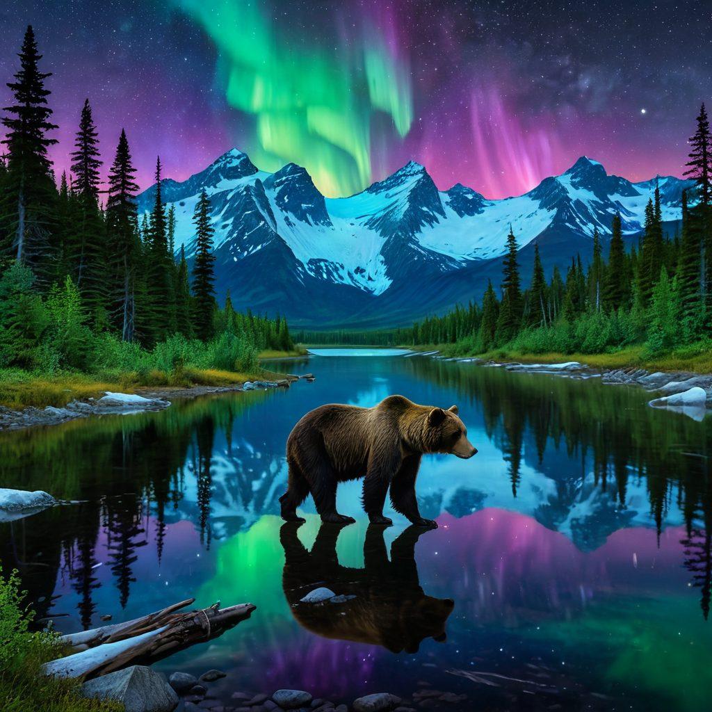 A breathtaking panoramic view of Alaskan wilderness featuring majestic snow-capped mountains, serene turquoise glacial lakes, and lush green forests. An aurora borealis lights up the night sky with brilliant hues of green, purple, and blue. Include wildlife such as grizzly bears, moose, and bald eagles to showcase the region's natural diversity. super-realistic. vibrant colors.