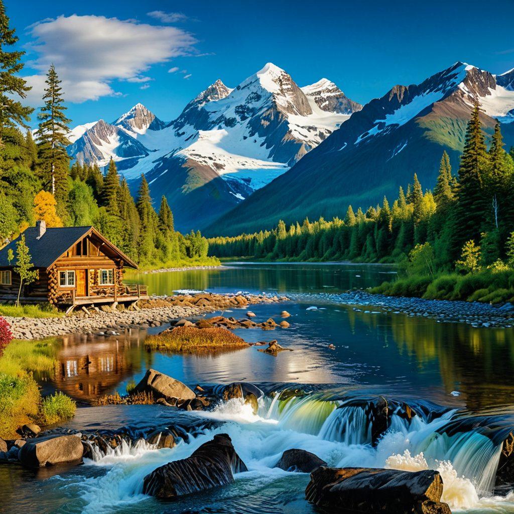 A breathtaking panoramic scene of Alaska featuring snow-capped mountains, glistening glaciers, and a sparkling river teeming with wildlife like bears and eagles. Add elements like a fisherman with a catch and a cozy log cabin amidst lush forests to emphasize adventure and unique experiences. super-realistic. vibrant colors.