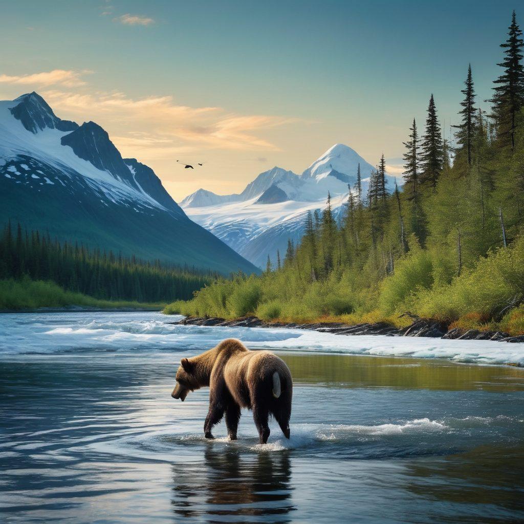 A breathtaking panorama of Alaska's rugged wilderness, featuring majestic snow-capped mountains, lush green forests, and a shimmering glacier-fed river. Include a diverse array of wildlife such as a grizzly bear fishing in the river, a soaring bald eagle, and a herd of caribou migrating in the distance. The sky should be a clear blue with the northern lights subtly visible. super-realistic. vibrant colors. dynamic composition.